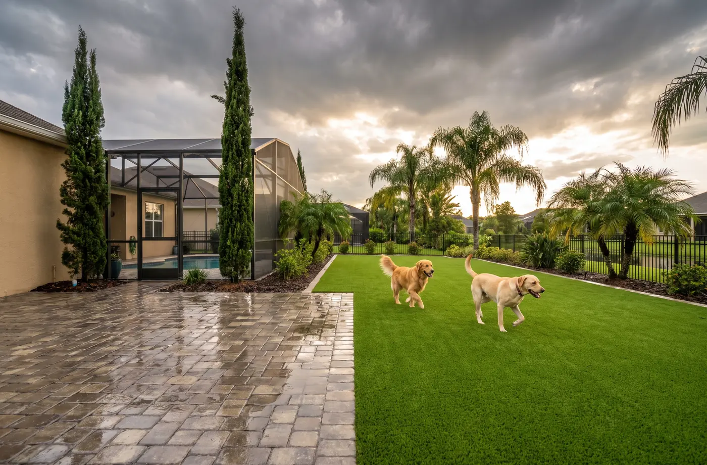 Two dogs playing on dry pet-friendly artificial turf beside rain-soaked pavers in an Orlando, Florida backyard